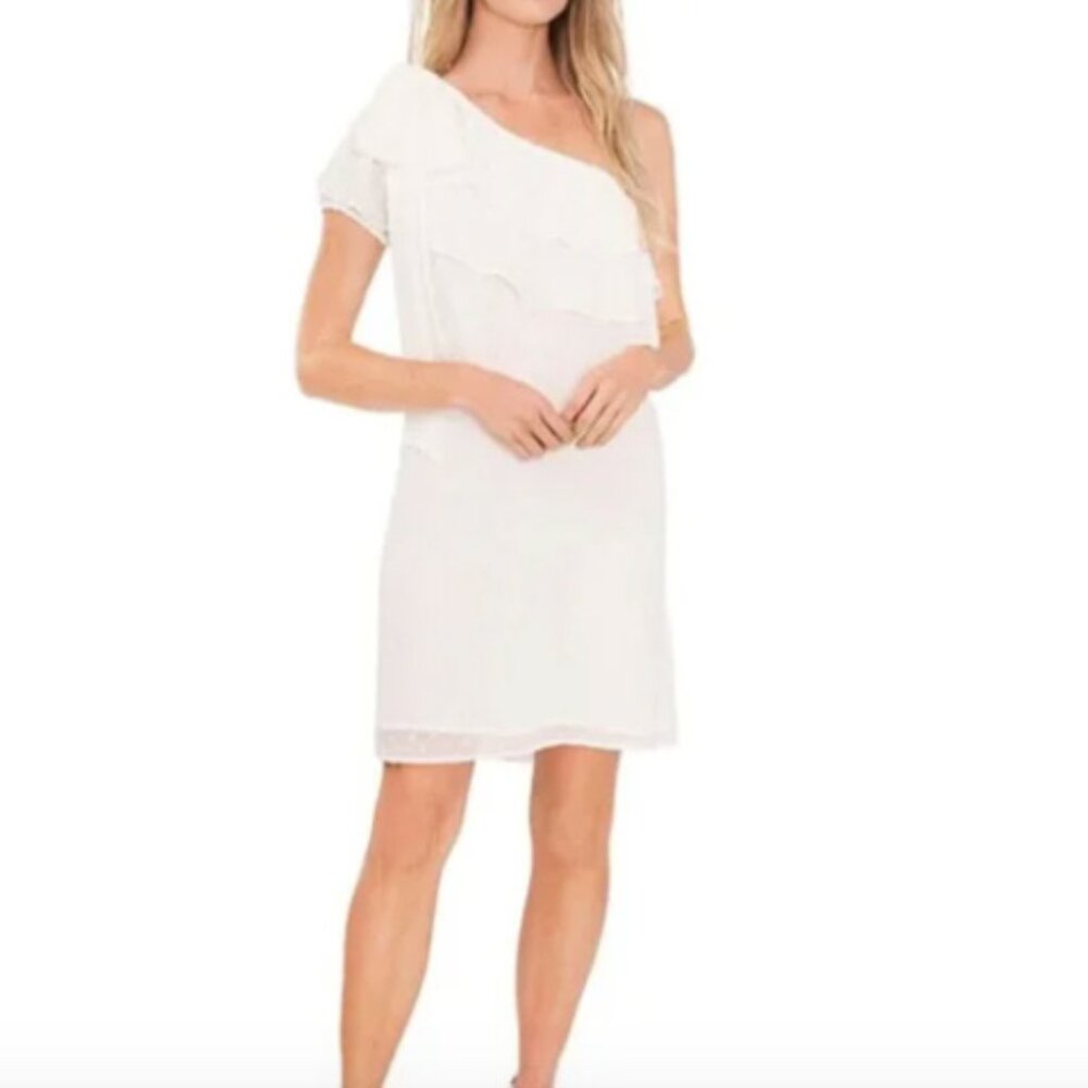 LAST CHANCE; CeCe White One Shoulder Chiffon Swiss Dot Dress, Large, NWT